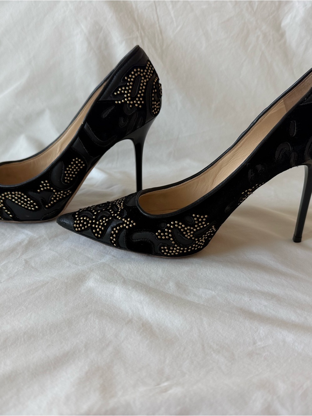 Jimmy Choo Anouk Black Flocked Velvet & Gold Studded Pointed Toe Pumps Size 37.5